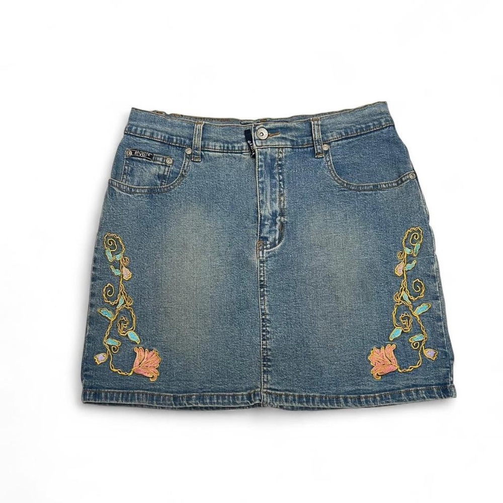 Revolt Jeans Blue Embroidered Denim Mini Skirt with Fringe Belt - Picture 6 of 8